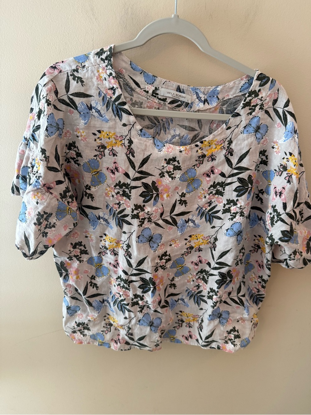 Viola Borghi 100% Linen Womens Blouse Top Butterfly Print Multicolor size M L